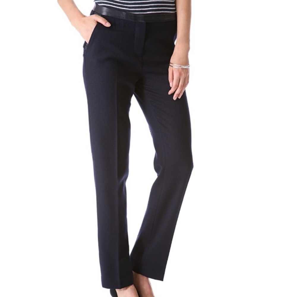 Tory Burch Navy Wool Pants with Leather Trim